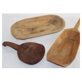 Vintage Hand Crafted Wooden Oval Bowl (13” x 6 1/2”), Wooden Butter Paddle (10” x 5 1/2”) and Wooden