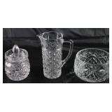 Hand Cut Crystal:  Jam Jar (2 ea.), Small Cylindrical Pitcher (6”H) and  Round  Bowl (5”D x 3”H)