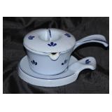 Vintage Dru Holland Blue Enameled Cast Iron Butter Melt Cast Akron Pot with Trivet 