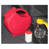 Depression Era Art Deco Red Plastic Pitcher Shown with Vintage Yellow Plastic Lid Glass Syrup Pitche