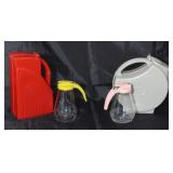 Depression Era Art Deco Plastic Pitchers: Tall Red and The Burroughs Co. Gray Pitcher with Vintage Y