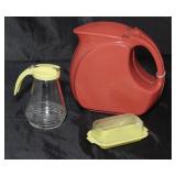 Wata-Kanta Depression Era Art Deco Terracotta Red Plastic Pitcher Shown with Vintage Yellow Plastic 