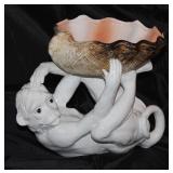 Italy Decorated By Royal Majolica Large Monkey Pedestal Shell Centerpiece Bowl (11”H x 15”L x 11”W)