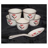 Harker China Co. Depression Era “Red Daisy” Custard Bowls (5 ea.) and Serving Spoon