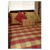 View 3: Mahogany Queen Size 4-Poster Rice Bed showi g Queen Bedding;  comforter, Dust Ruffle, Pillow