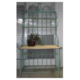 Vintage Green Paint Metal Bakers Rack with Scroll Front Feet:  Upper  Wire Metal Shelves over Wood W