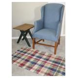 Chippendale Style Willamsburg Blue Custom Upholstery Wing Back Chair.   Shown with a Primitive Side 