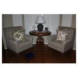 Bassett Beige Linen Upholstered Georgia Traditional Wingback Chairs and Pier One Embroidery Throw Pi
