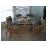 1953 FICKS REED TABLE & 6 CASTOR CHAIRS