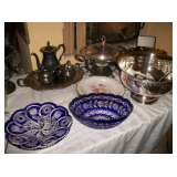 BOHEMIAN GLASS, SILVER PUNCH BOWL & 12 CUPS