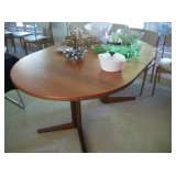 TEAK TABLE, 1 LEAF, 6 CHAIRS & PADS