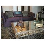 SILK SOFA, MIRRORED COFFEE TABLE