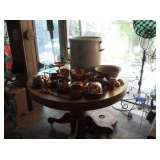 OAK TABLE, REDWING CROCK, COPPER