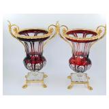 Cranberry to clear cut glass gold rim urns 