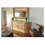 Pine Credenza And Framed Mirror