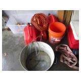 gas cans, galvanized tub, extension cords