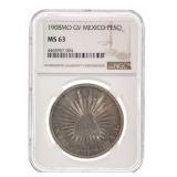1908 MO GV SILVER MEXICO PESO NGC MS-63