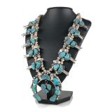 VINTAGE DANNY THOMAS NAVAJO STERLING SILVER & SLEEPING BEAUTY TURQUOISE SQUASH BLOSSOM NECKLACE