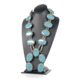 NATIVE AMERICAN STERLING TURQUOISE SQUASH BLOSSOM NECKLACE