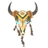 LARGE SOUTHWEST ARTIST HAND PAINTED BISON SKULL ART