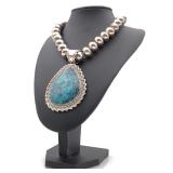 RANDY HOSKIE NAVAJO STERLING SILVER & CHINA MOUNTAIN TURQUOISE BEADED PENDANT NECKLACE