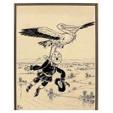 RARE! WILLIAM WALLACE DENSLOW WONDERFUL WIZARD OF OZ "THE STORK BRINGS THE SCARECROW BACK TO HIS FRIENDS" ORIGINAL PEN, INK AND PENCIL ON STRATHMORE DRAWING BOARD W BOOK