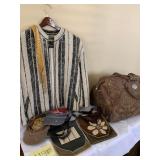 Leather Bags, Travel Bag, Caps, Gold Tie Belt, and Blazer