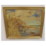 1048	FRAMED SIGNED OIL ON CANVAS, DUCKS IN FLIGHT & SHORE, SOME PAINT LOSS, OVERALL 33 3/4 IN X 29 I