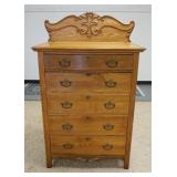 1053	SOLID OAK 5 DRAWER CHEST W/CARVED SPLASH, 36 IN X 21 IN X 61 IN	75	150	50	PLEASE PAY ATTENTION 