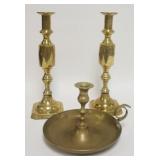 1069	PAIR OF TALL BRASS CANDLESTICKS & A BRASS CHAMBERSTICK, PAIR IS 13 1/2 IN HIGH, CHAMBERSTICK IS