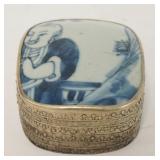 1074	ASIAN PORCELAIN FRAGMENT BOX W/ORNATE METAL BASE & LID FRAME, 2 3/4 IN X 3 IN X 1 3/4 IN HIGH	2