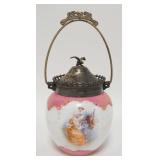 1081	VICTORIAN GLASS BISCUIT JAR HAS SILVER PLATED COLAR LID & HANDLE & A BIRD FINIAL ON THE LID & H