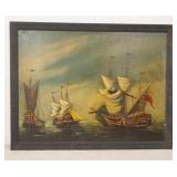 1211	LARGE OIL ON CANVAS OF SAILING SHIPS. 47 1/2 IN X 37 IN INCLUDING FRAME 	70	150	25	PLEASE PAY A