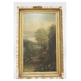 1212	OIL ON BOARD OF A LANDSCAPE W/ LAKE IN BACKGROUND. FRAME AS IS. 17 1/2 X 27 1/2 INCLUDING FRAME