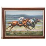 1215	OIL ON CANVAS OF A HORSE RACE. ARTIST SIGNED LOWER LEFT. 42 IN X 29 1/2 IN CLUDING FRAME	50	100
