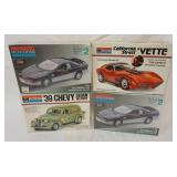 1052	LOT OF 4 MONOGRAM MODEL CAR KITS, CAMARO, 39 CHEVY SEDAN, CALIFORNIA STREET VETTE, KITS ARE POS