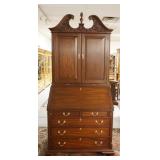 1020	HENKEL HARRIS WALNUT SECRETARY DESK, 2 PART SOLID WALNUT W/BLIND DOORS & CARVED ARCH PEDIMENT T