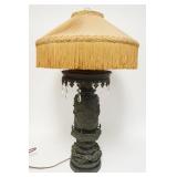 1022	OUTSTANDING ANTIQUE BRONZE TABLE LAMP WITH PHEASANTS, PEACOCKS AND FLOWERS. HAS A SILK SHADE	50