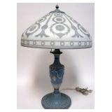 1041	ANTIQUE WEDGWOOD STYLE TABLE LAMP WITH CAMEO ART GLASS SHADE ON A METAL PAINTED WEDGWOOD PATTER