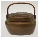 1050	ASIAN BRONZE DOUBLE HANDLED POT W/PIERCED & HAND TOOLED LID, 7 3/4 IN X 6 1/2 IN X 7 IN HIGH	10