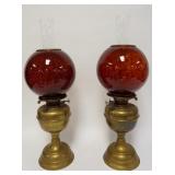 1053	PAIR OF ANTIQUE BRASS KEROSENE LAMPS W/RUBY GLASS HONEYCOMB GLOBES, BURNERS MARKED DUPLEX ENGLA