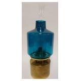 1054	HANS AGNE JAKOBSSON AB MARKARYD SWEDEN OIL LAMP, BRASS FONT W/BLUE SHADE 16 IN HIGH	150	300	50	