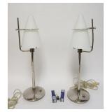 1067	PAIR OF MODERN CHROME LAMPS W/CONICAL WHITE FROSTED GLASS SHADES, 20 1/2 IN HIGH	100	200	50	PLE