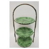 1098	ITALIAN 3 TIER ORNATE IRON SERVING PIECE W/3 TIN GLAZED PLATES HAVING A LEAF DESIGN, MARKED HAN