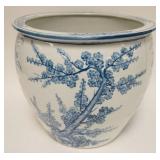 1100	LARGE ASIAN JARDINERE, BLUE ON WHITE DECORATION W/4 DIFFERENT SCENES, CHARACTER SIGNED ON BOTTO