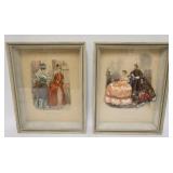 1101	PAIR OF FRENCH FASHION PRINTS IN SHADOW BOX FRAMES W/ APPLIED SILK DRESSES 12 1/2 X 16 1/2 2 1/
