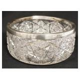 1105	LARGE CUT GLASS BOWL W/ A SILVER PLATED RIM. 10 IN DIAMETER 4 1/2 IN H 	50	100	25	PLEASE PAY AT