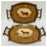 1109	TWO SERVING TRAYS W/ RUSTED TWIG STYLE HANDLES & STAG IMAGES IN CENTER. 23 IN W 15 1/2 IN H	50	