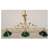 1118	ORNATE BRASS  HANGING BILLARD LAMP FIXTURE W/ 3 GREEN CASE GLASS SHADES. 53 IN W APP. 26 1/2 IN