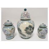 1120	THREE THIA DECORATED POTTERY COVERED URNS. TALLEST IS 18 IN 	100	200	25	PLEASE PAY ATTENTION FO